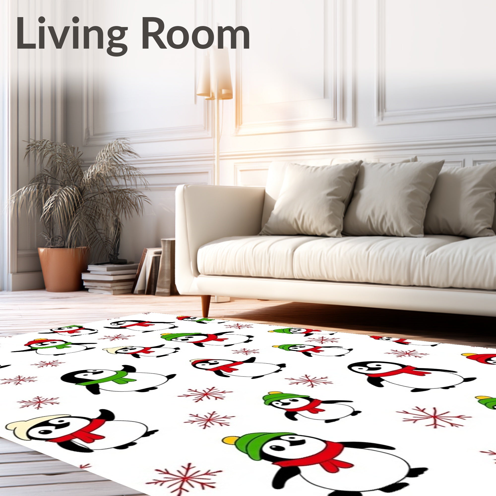 Whimsical Penguin Snowflakes Red Green Rug