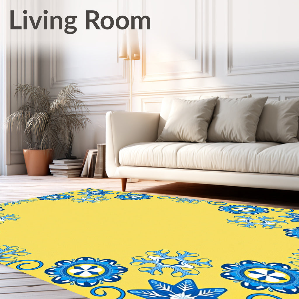 Blue Snowflake Yellow Floral Medley Rug