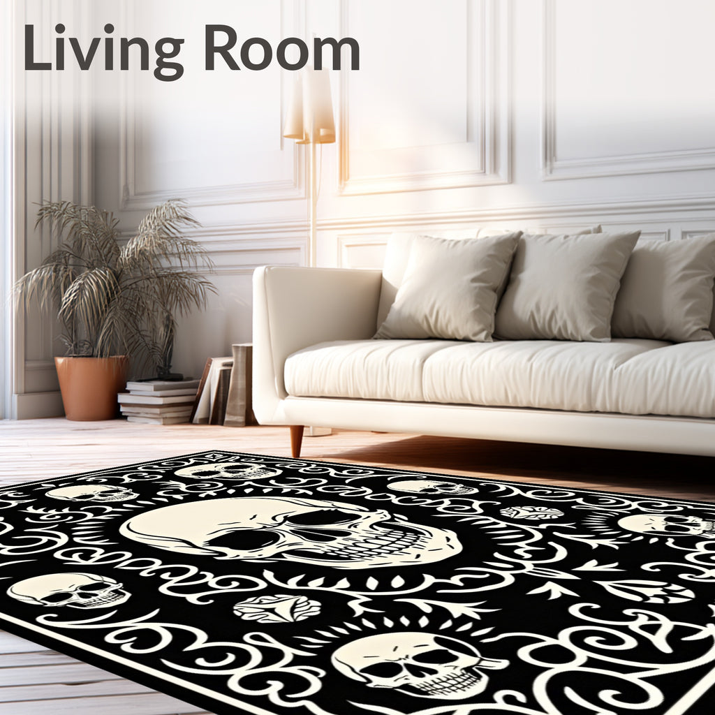 Cream Skulls Black Ornate Flourish Rug