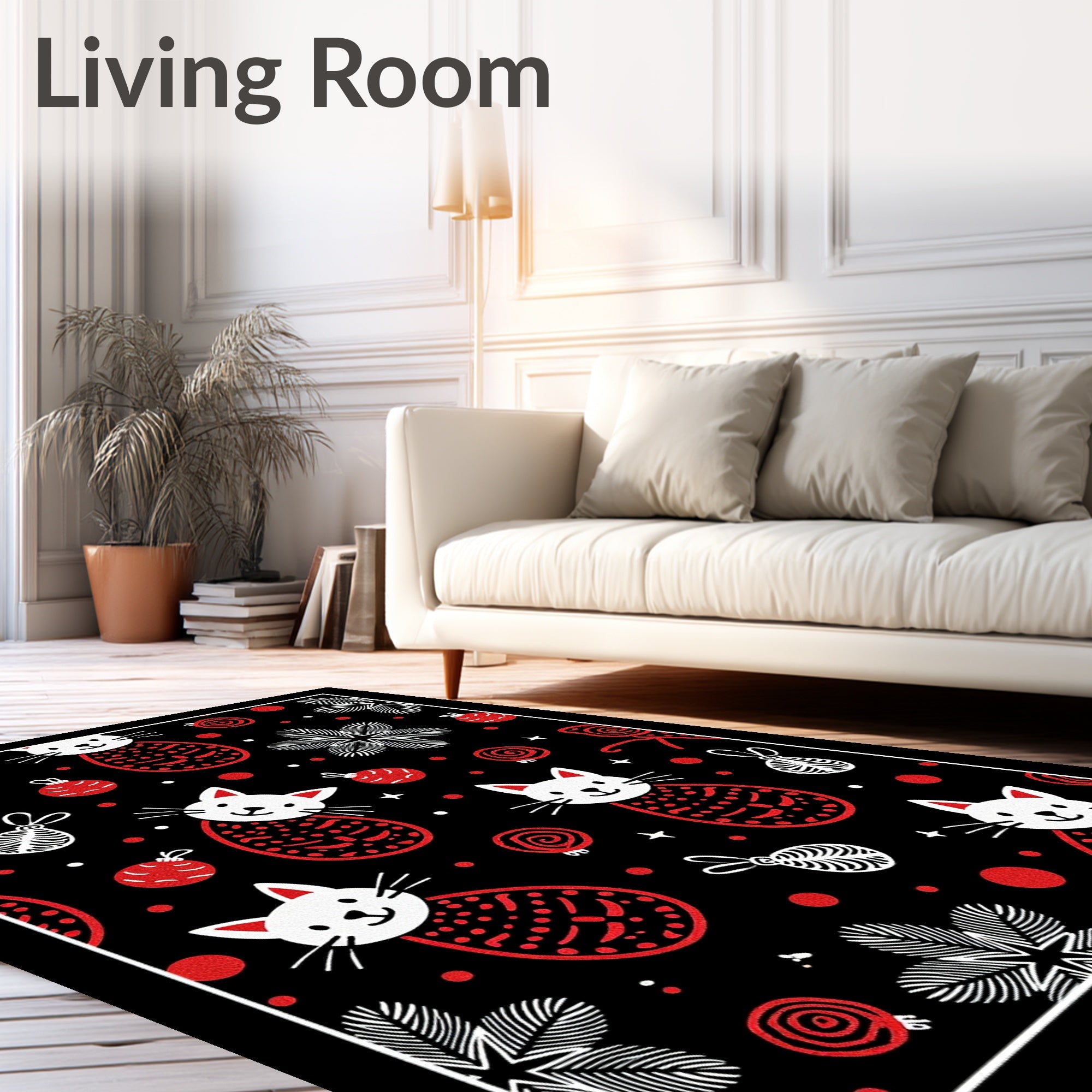 Whimsical Red Cats and Ornaments Rug