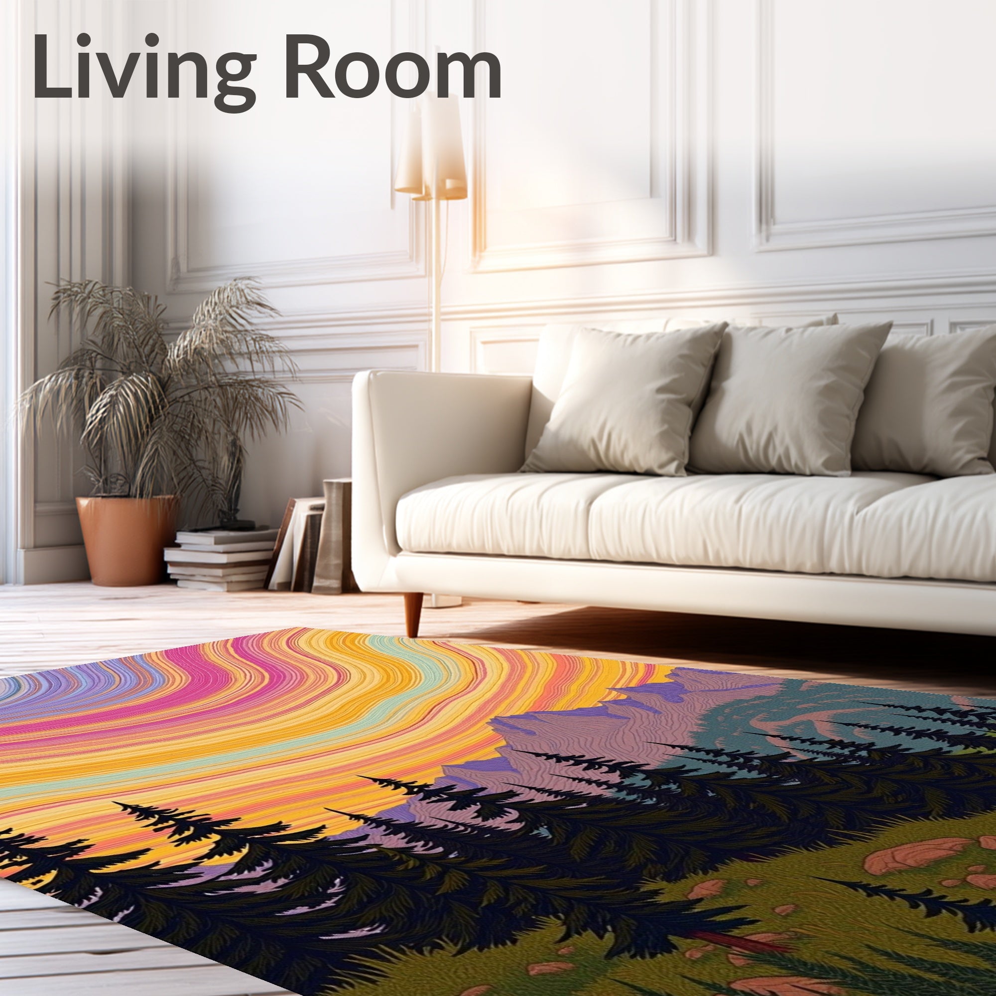 Vibrant Sunset Swirl Mountain Forest Rug