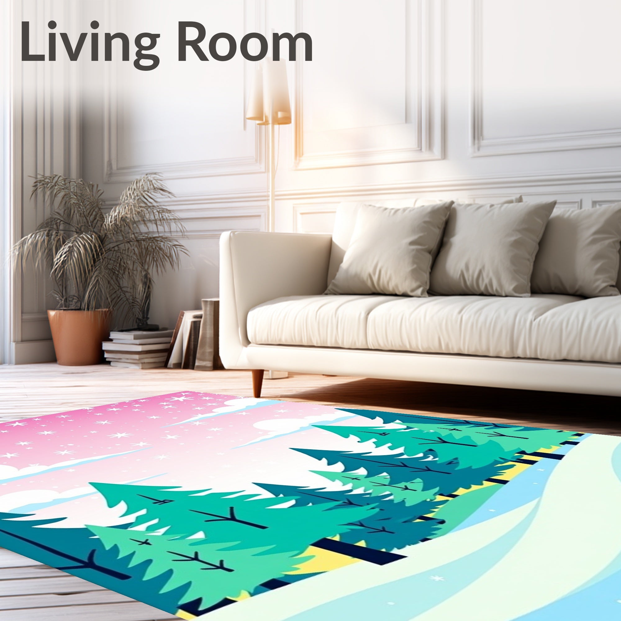 Pastel Pink Snowfall Forest Scene Rug