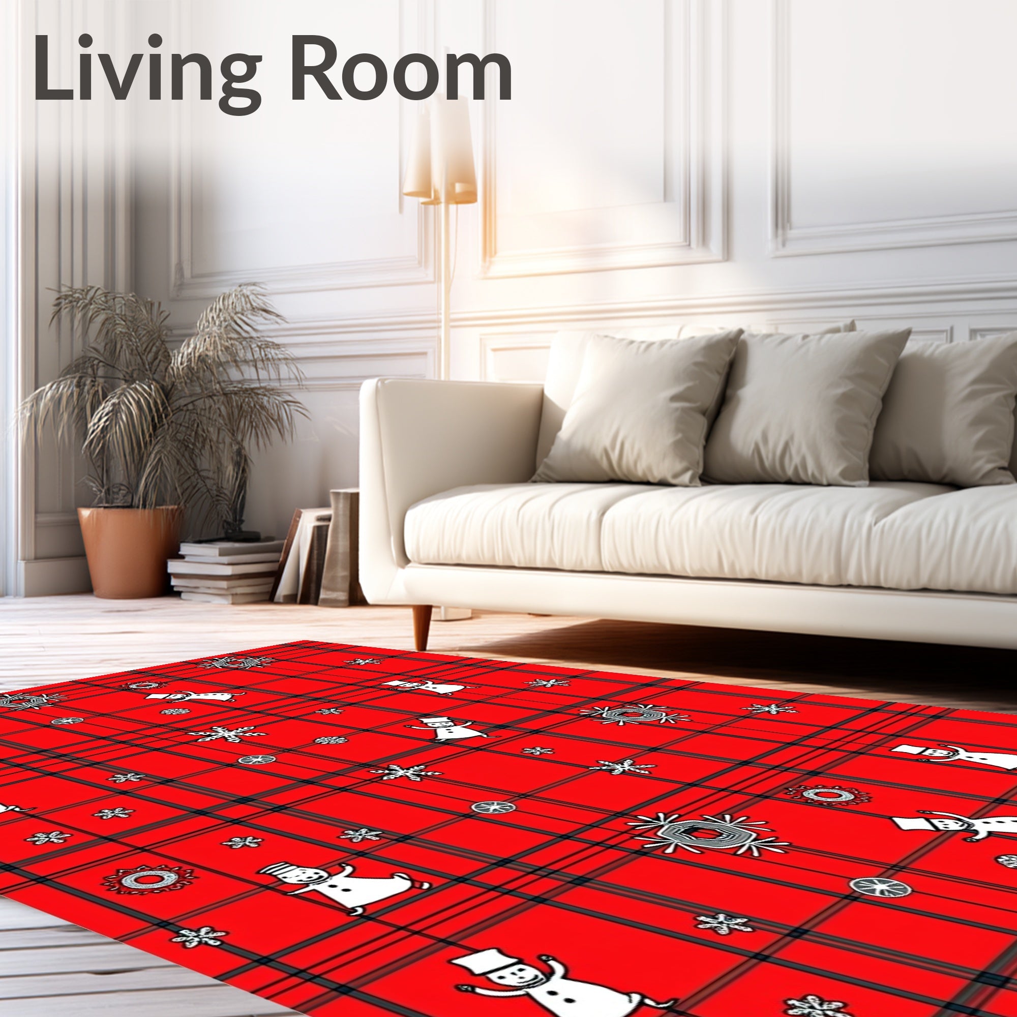 Red Snowman Snowflake Plaid Rug