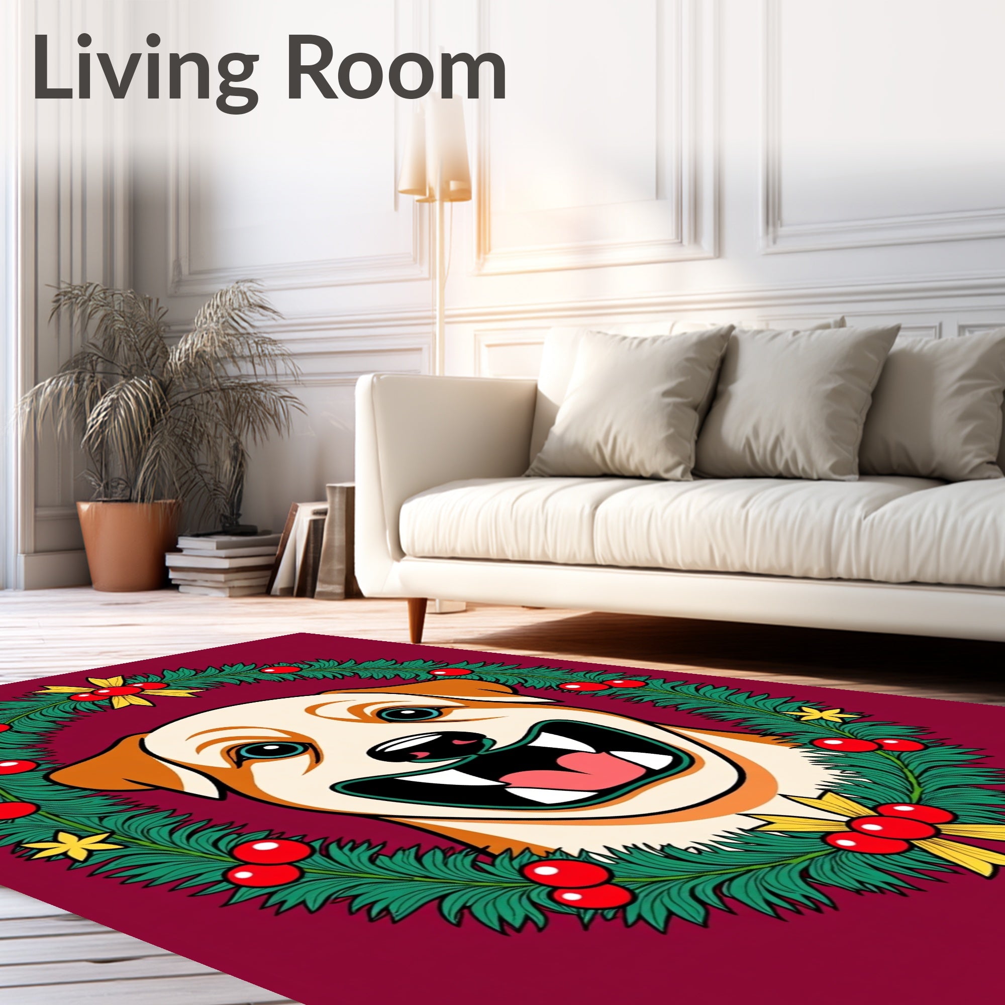 Festive Dog Christmas Wreath Portrait Rug