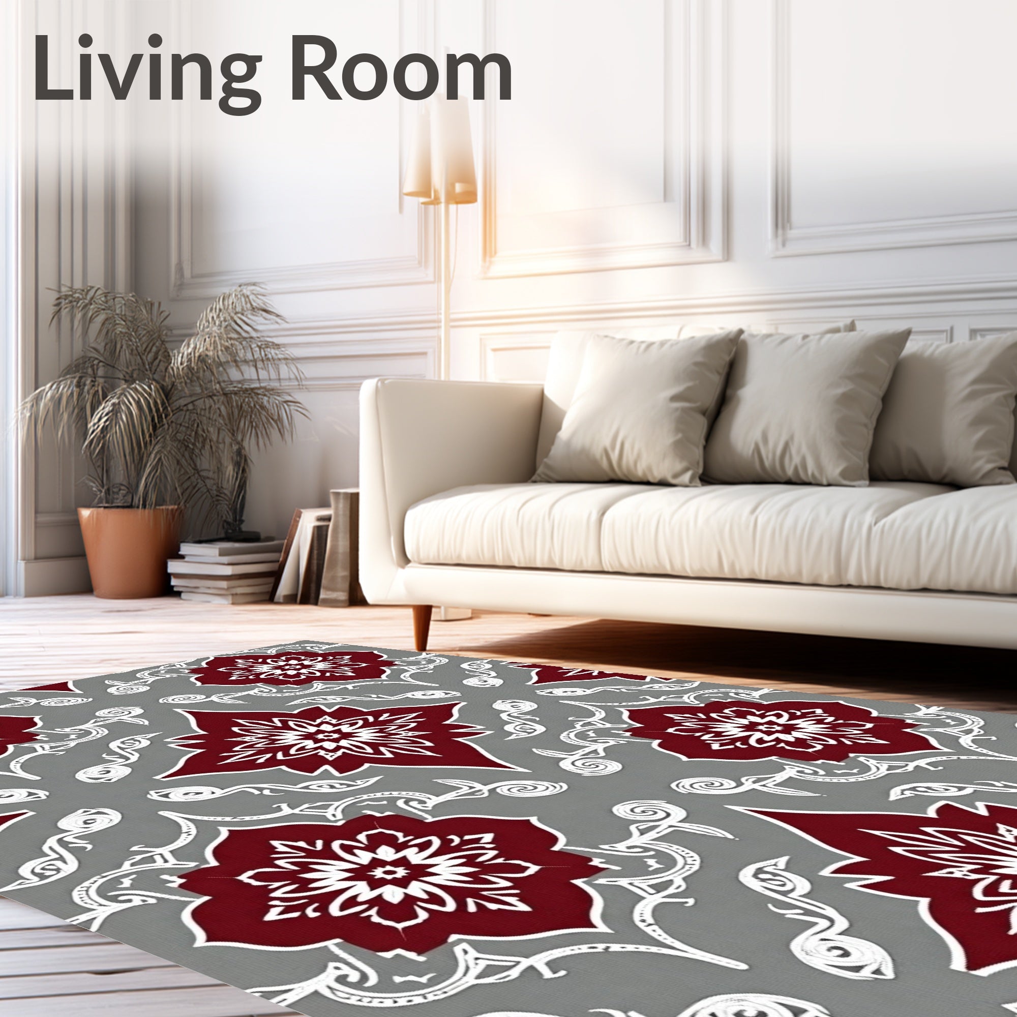 Deep Red Floral Medallion Gray Overlay Rug