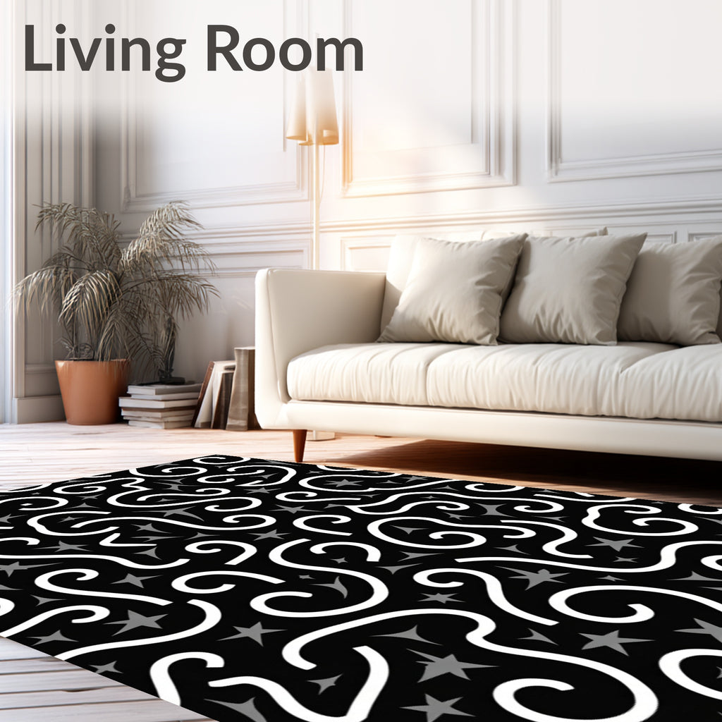 Whimsical Black White Spiral Star Rug