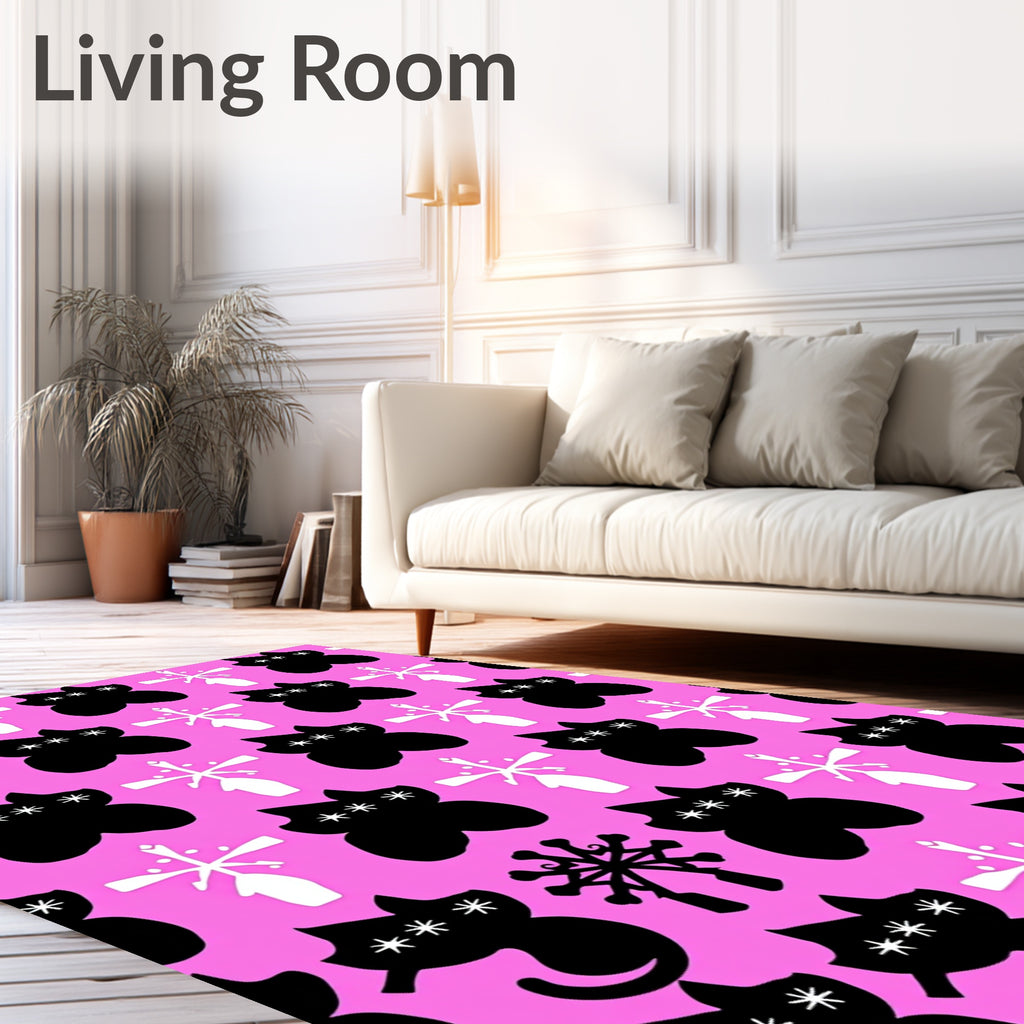 Black Cat Snowflake Pink Graphic Rug