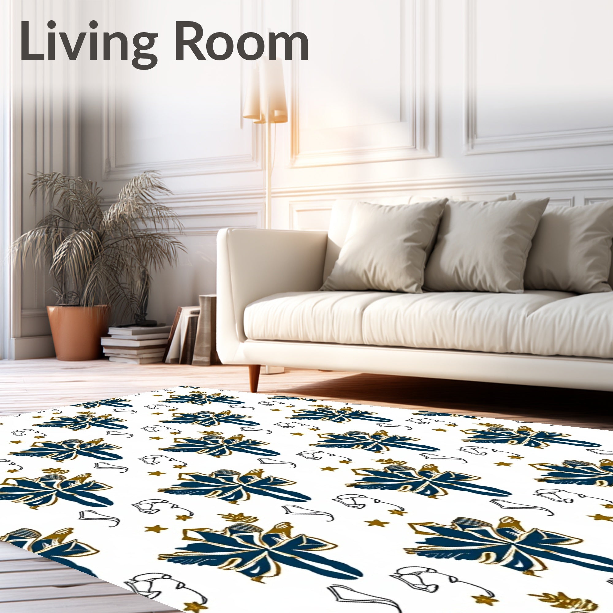 Deep Blue Gold Abstract Flower Stars Rug