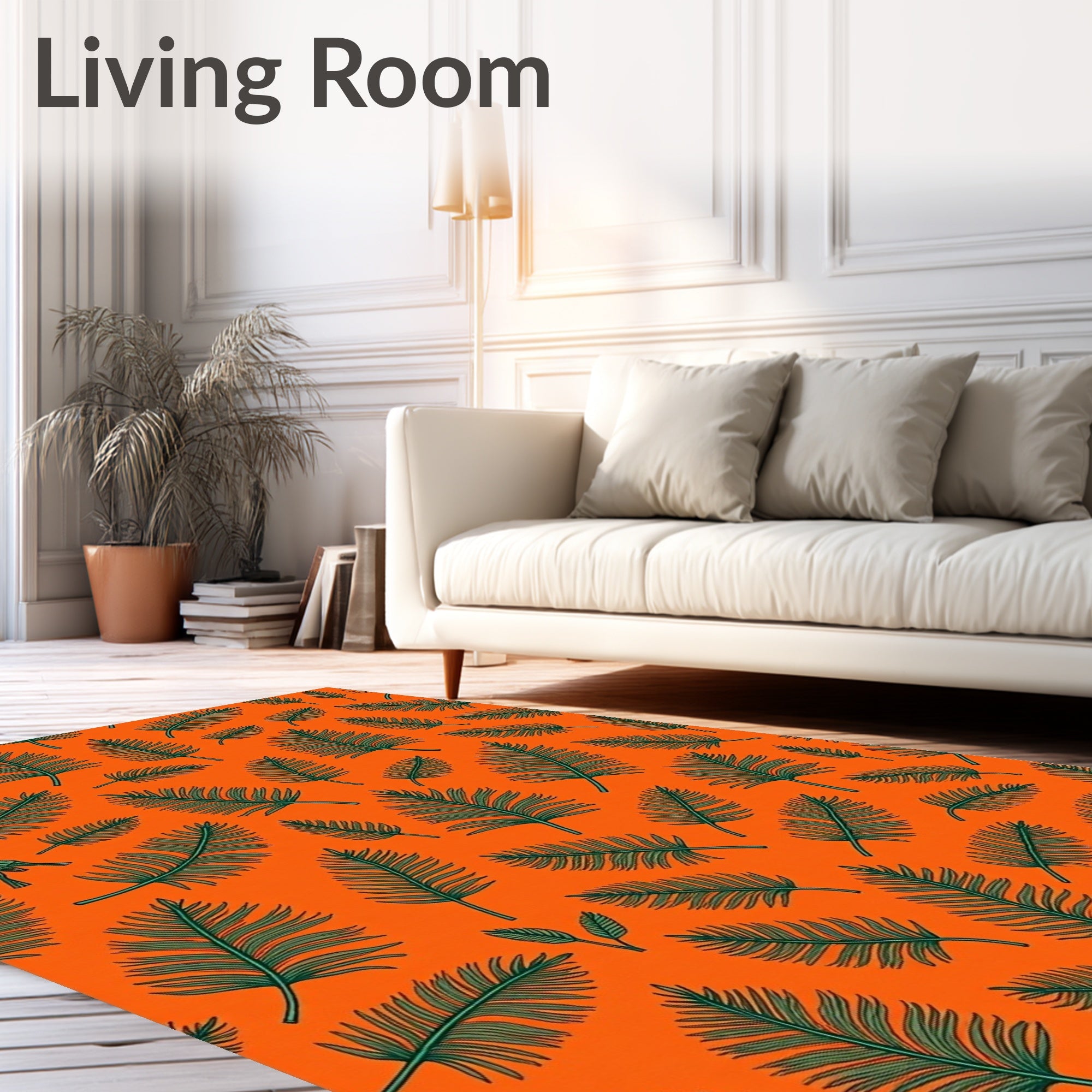 Vibrant Orange Green Palm Leaves Rug