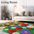 Vibrant Poppy Daisy Meadow Field Rug