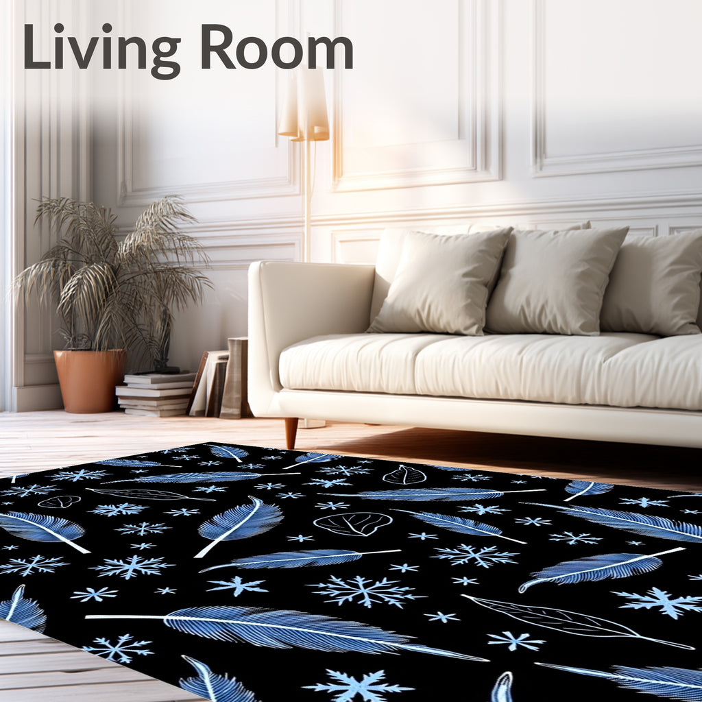 Blue Feather Snowflakes Scattered Black Rug