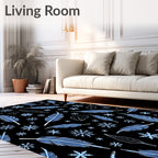 Blue Feather Snowflakes Scattered Black Rug