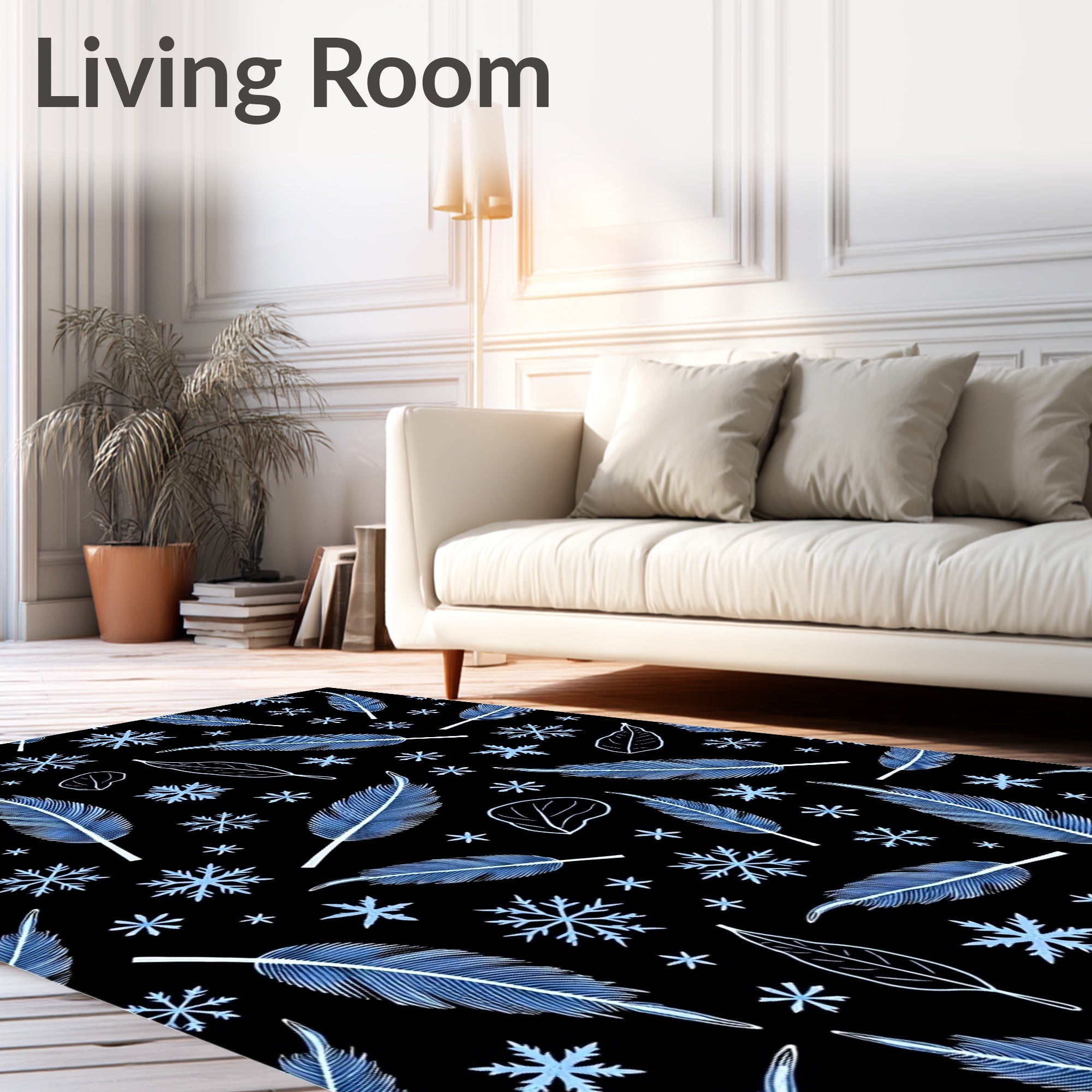 Blue Feather Snowflakes Scattered Black Rug