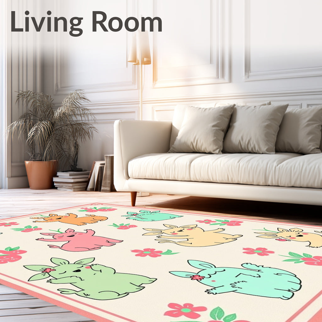 Whimsical Pastel Bunny Floral Scene Rug
