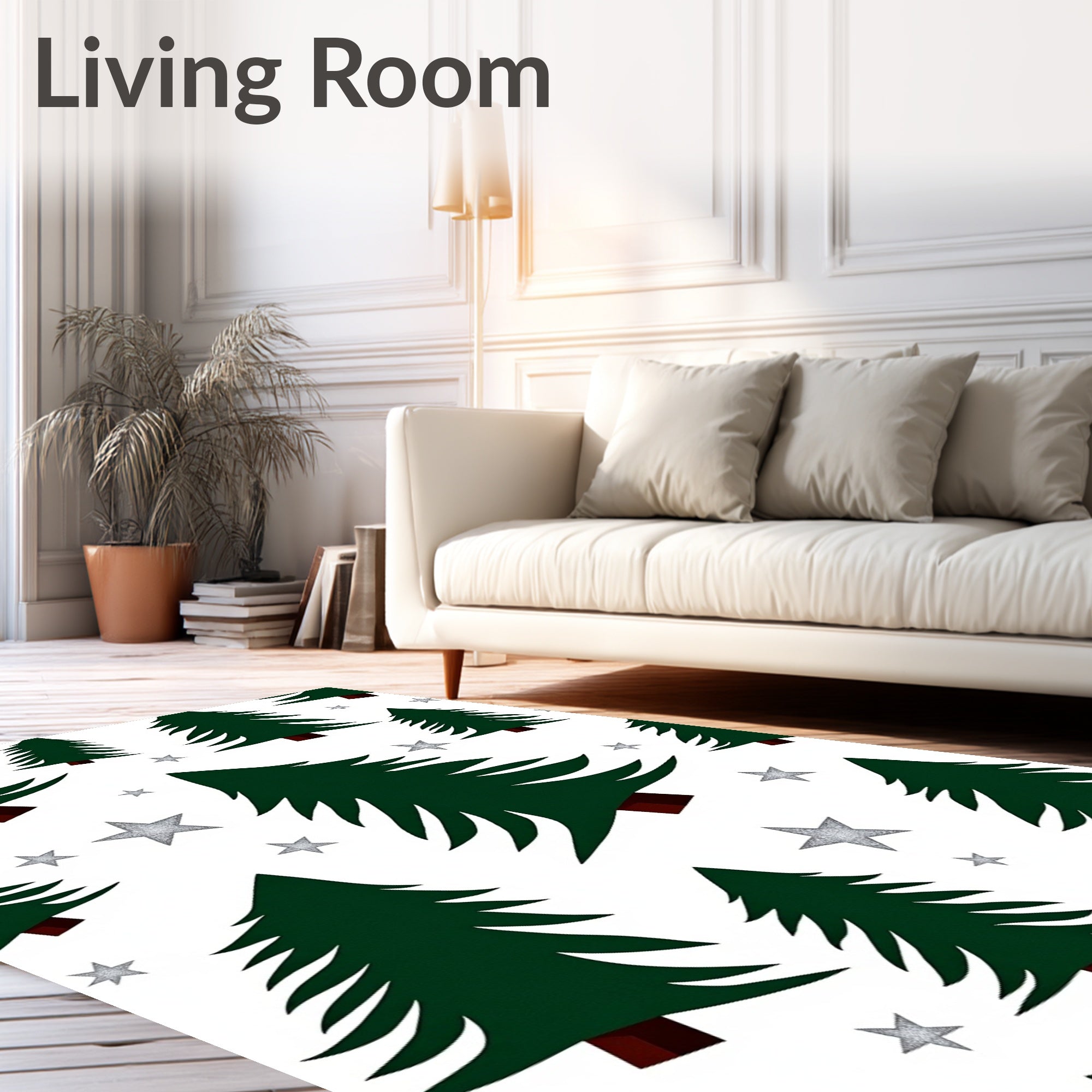 Forest Green Christmas Trees Silver Stars Rug