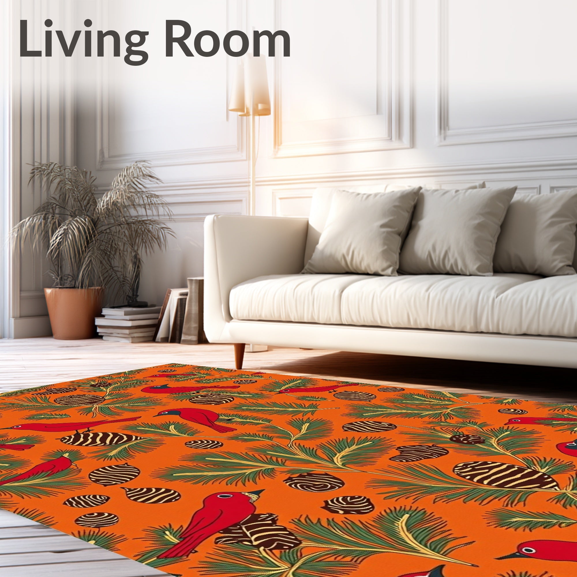 Red Birds Pine Cones Christmas Orange Rug