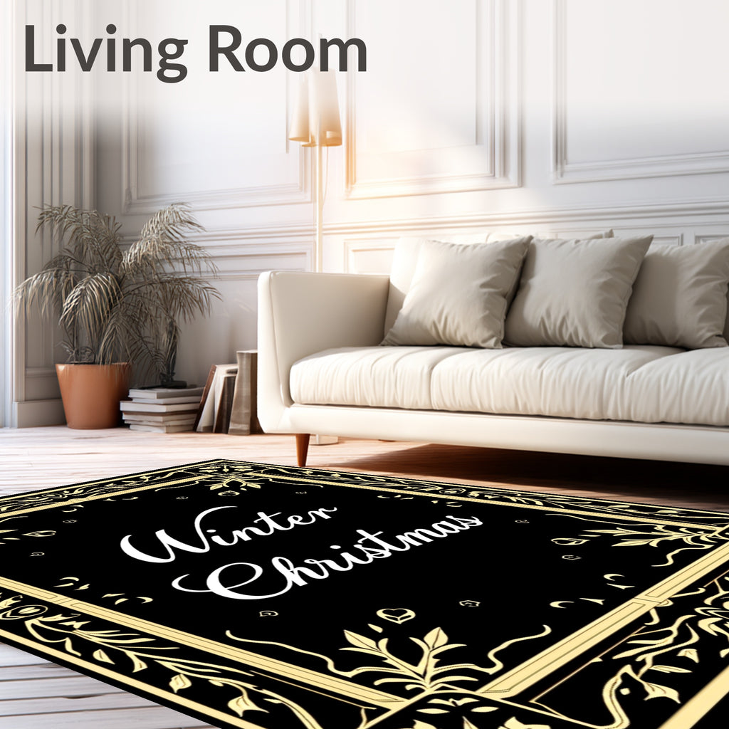 Golden Filigree Black Floral Border Rug