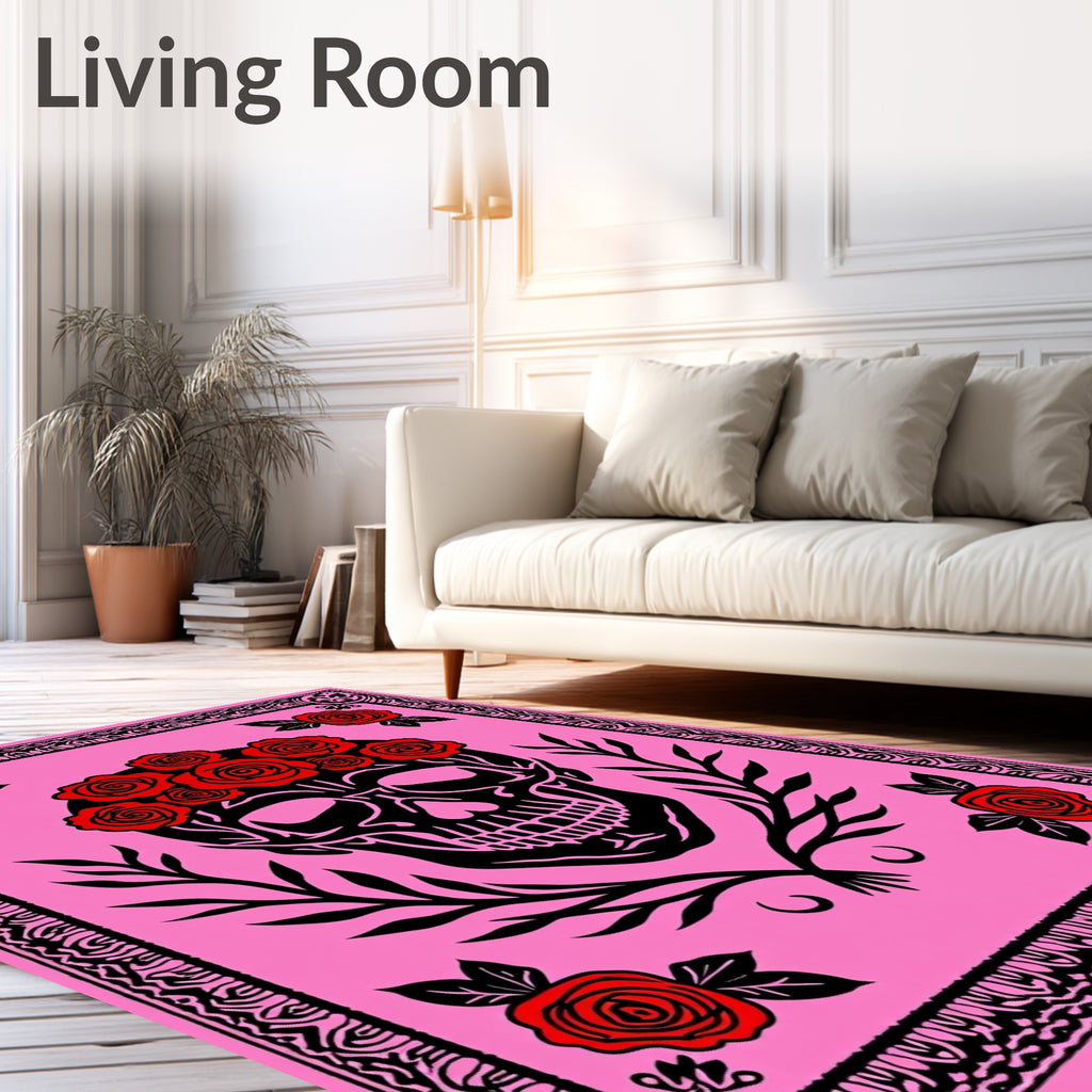 Black Skull Red Rose Garland Pink Background Rug