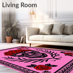 Black Skull Red Rose Garland Pink Background Rug