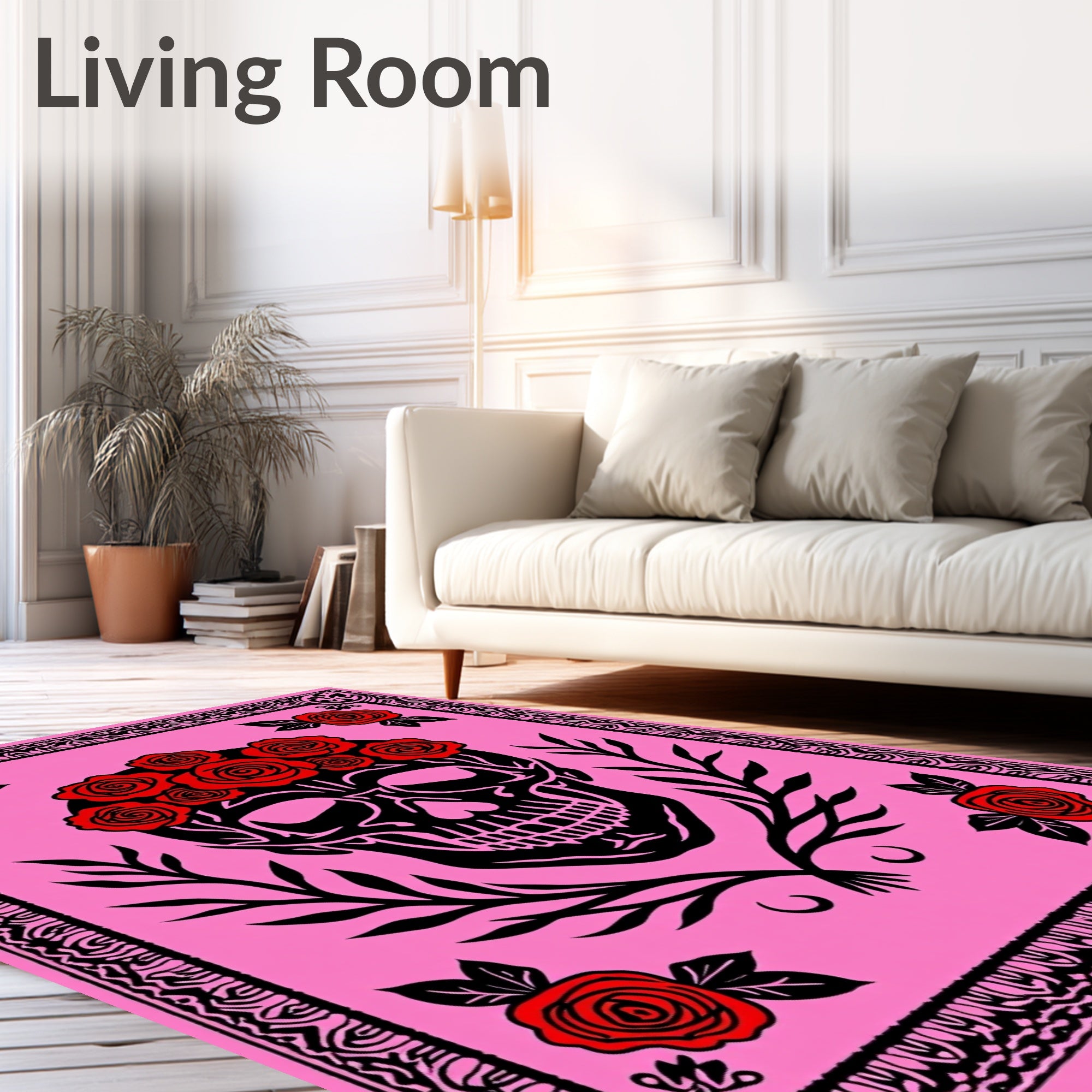 Black Skull Red Rose Garland Pink Background Rug
