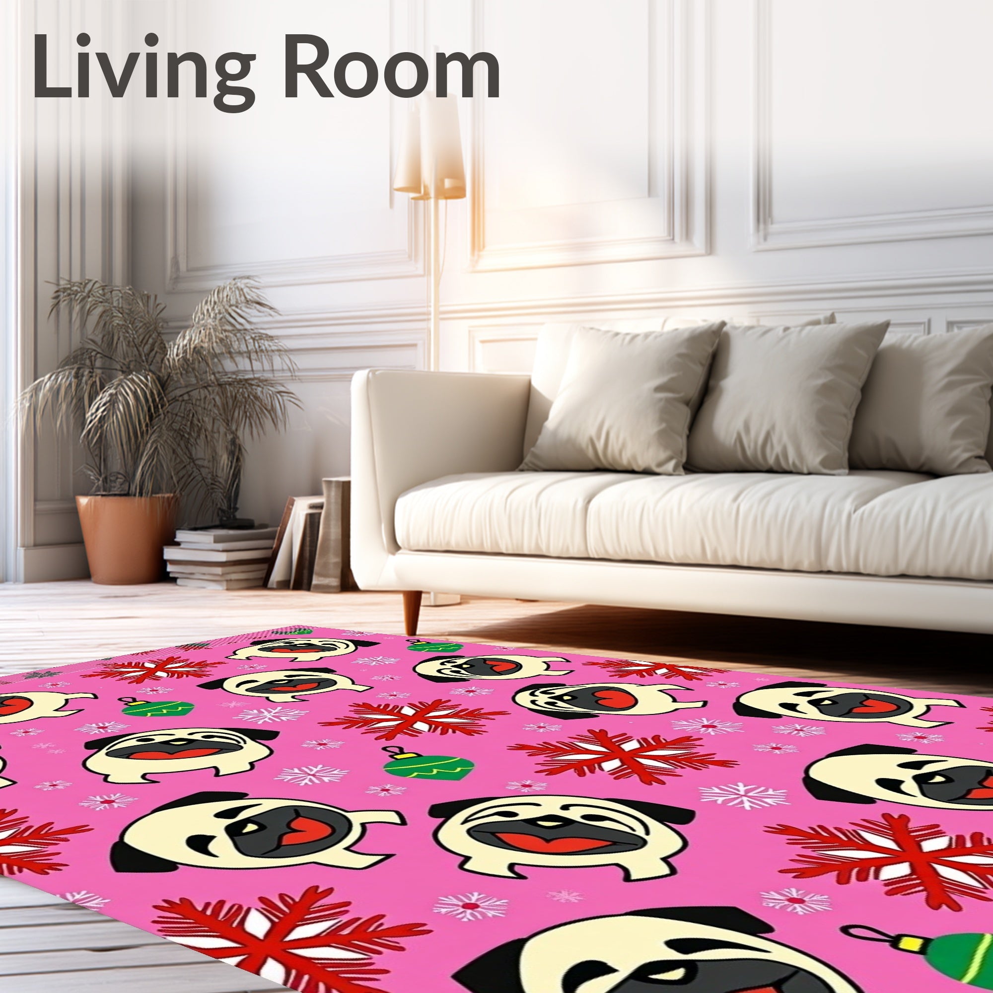 Pink Pug And Snowflake Holiday Rug