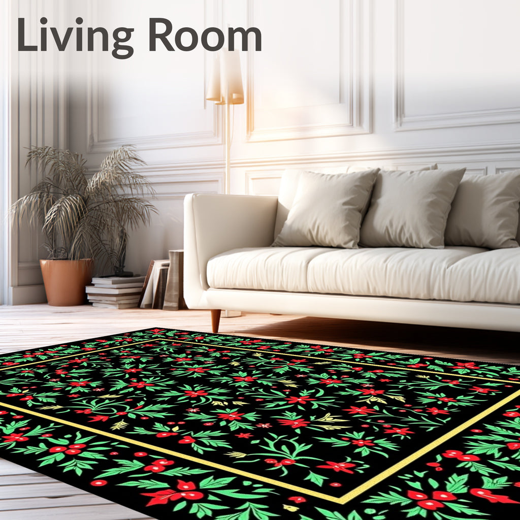 Crimson Floral Garden Black Rug