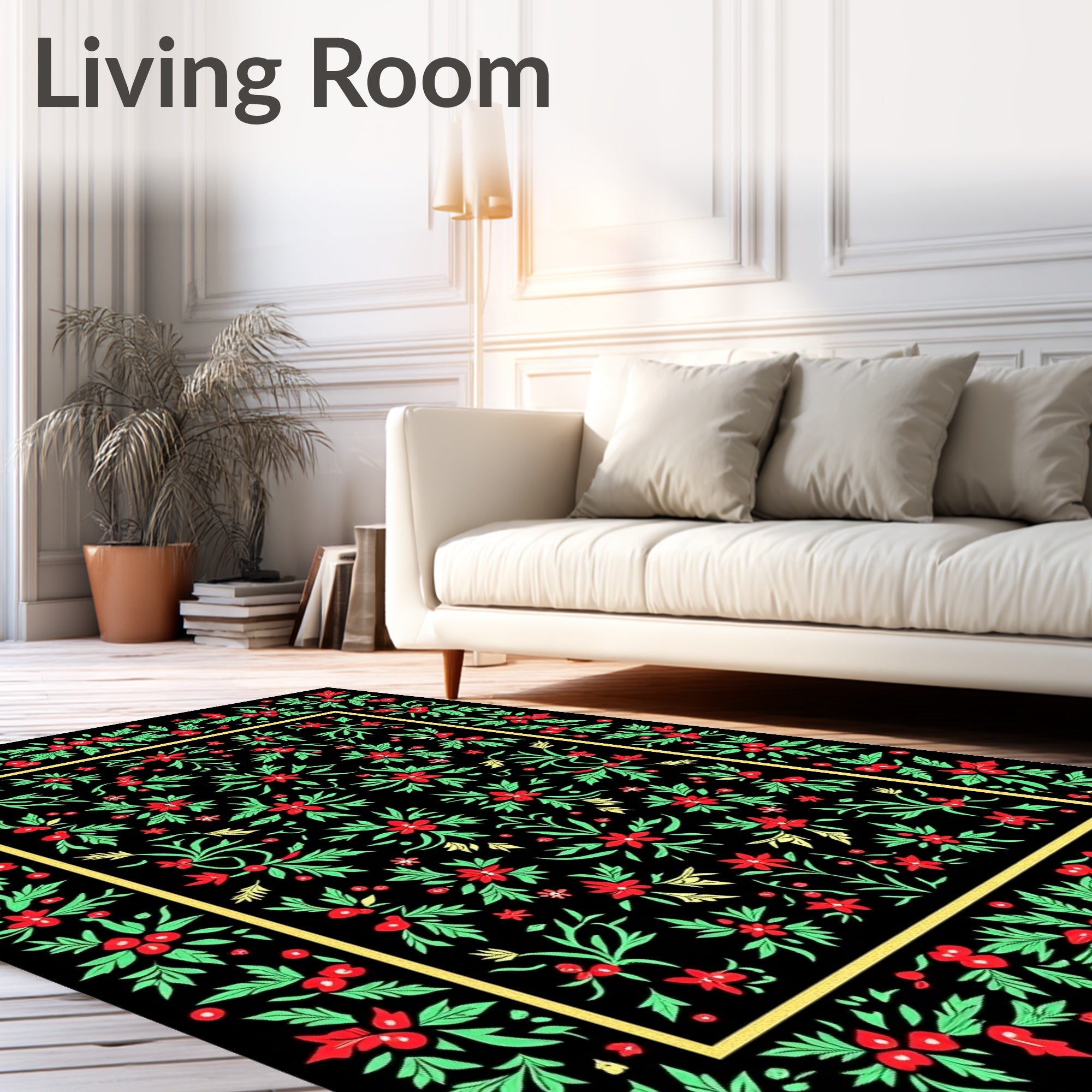 Crimson Floral Garden Black Rug