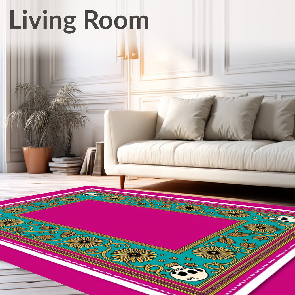 Teal Floral Skull Whimsical Frame Rug