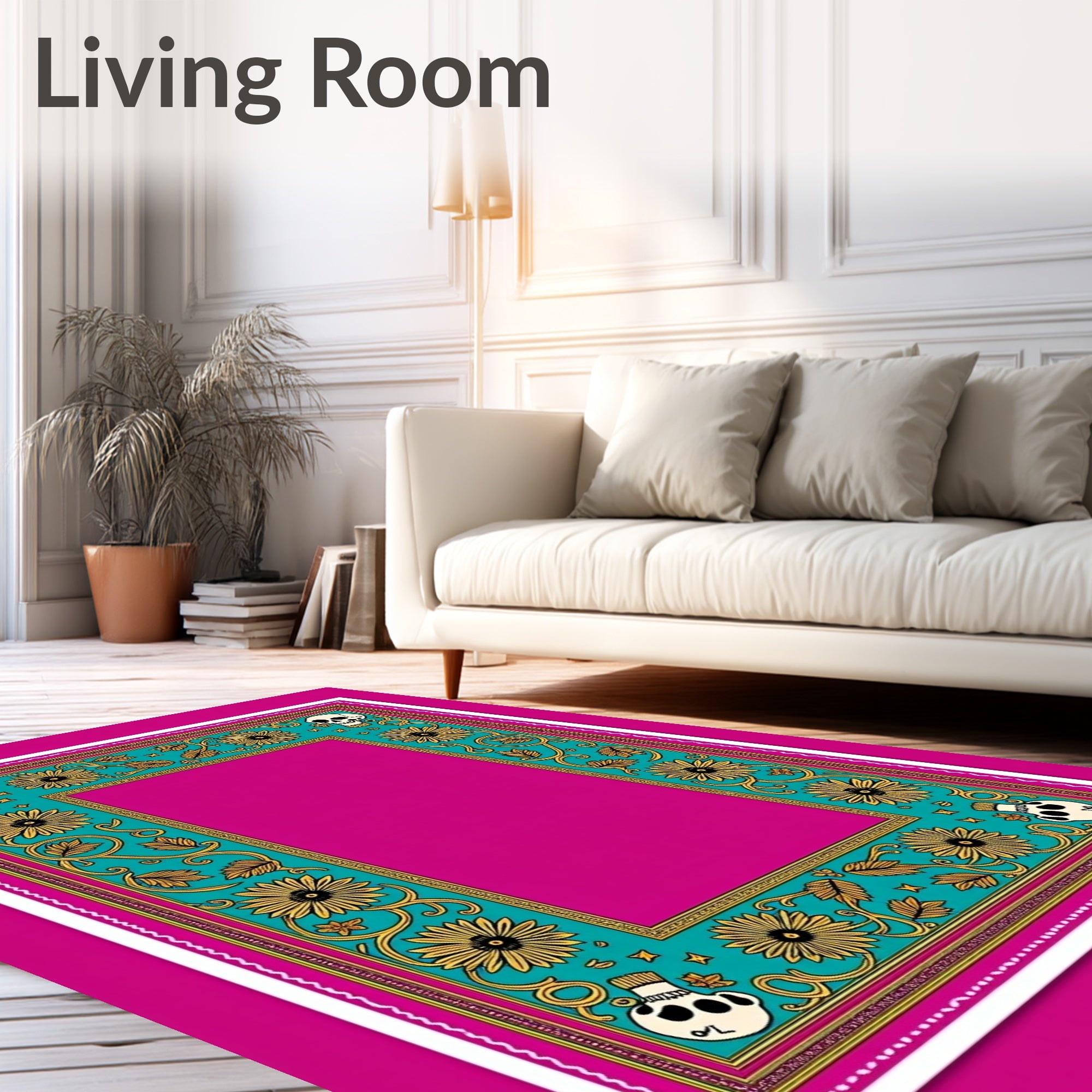 Teal Floral Skull Whimsical Frame Rug