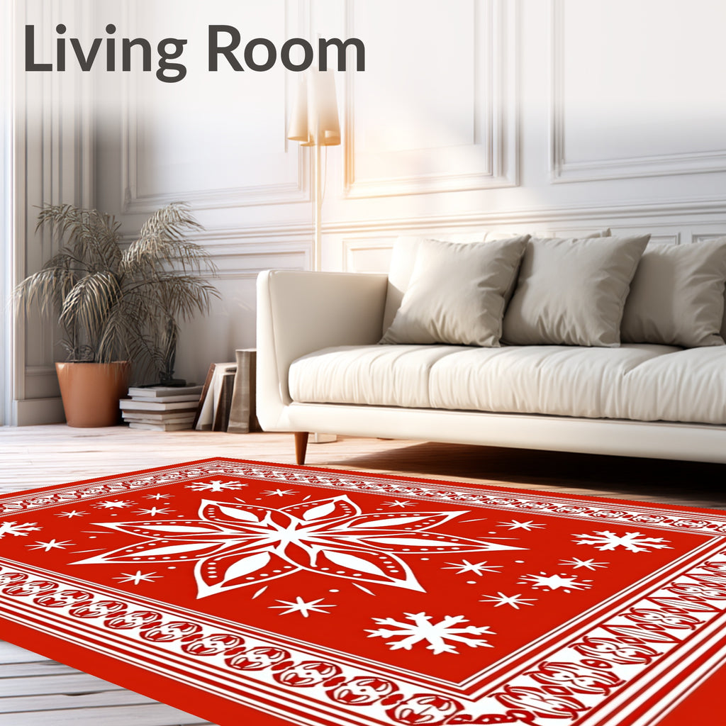 Vibrant Red White Snowflake Medallion Rug
