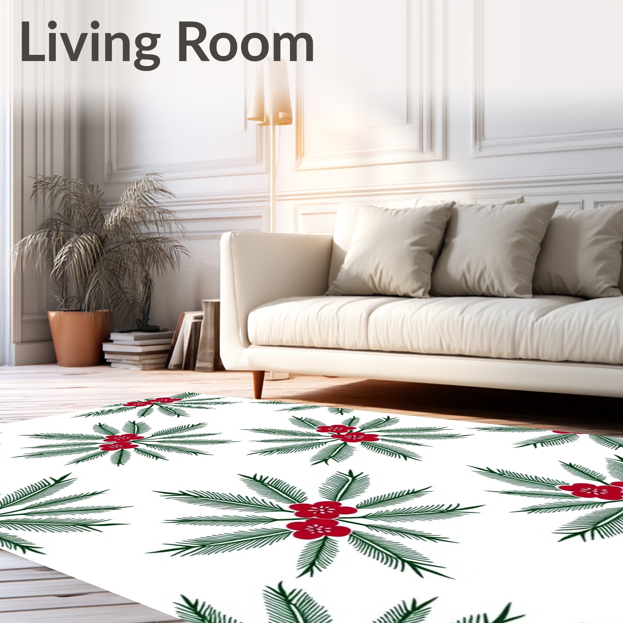 Red Floral Green Leaf Burst Rug
