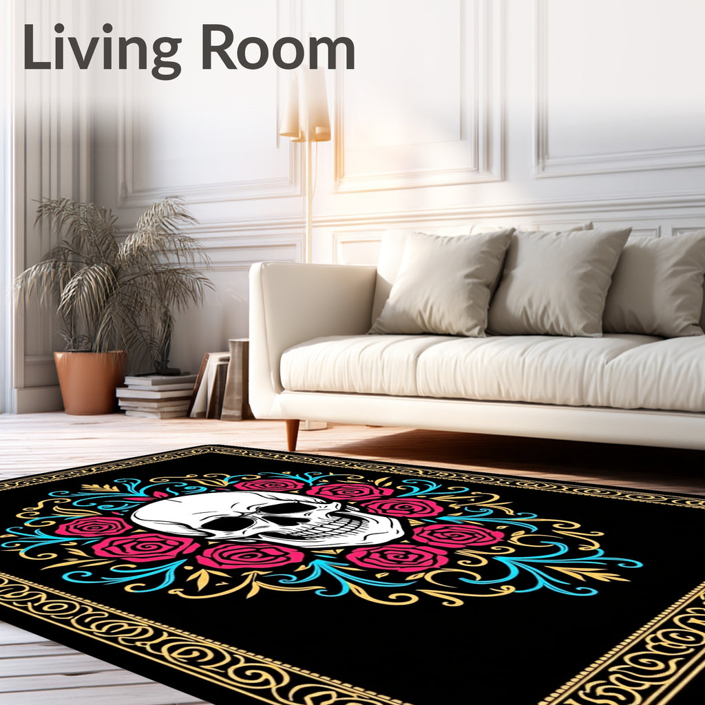 Skull Rose Black Gold Ornament Rug