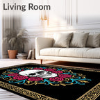 Skull Rose Black Gold Ornament Rug
