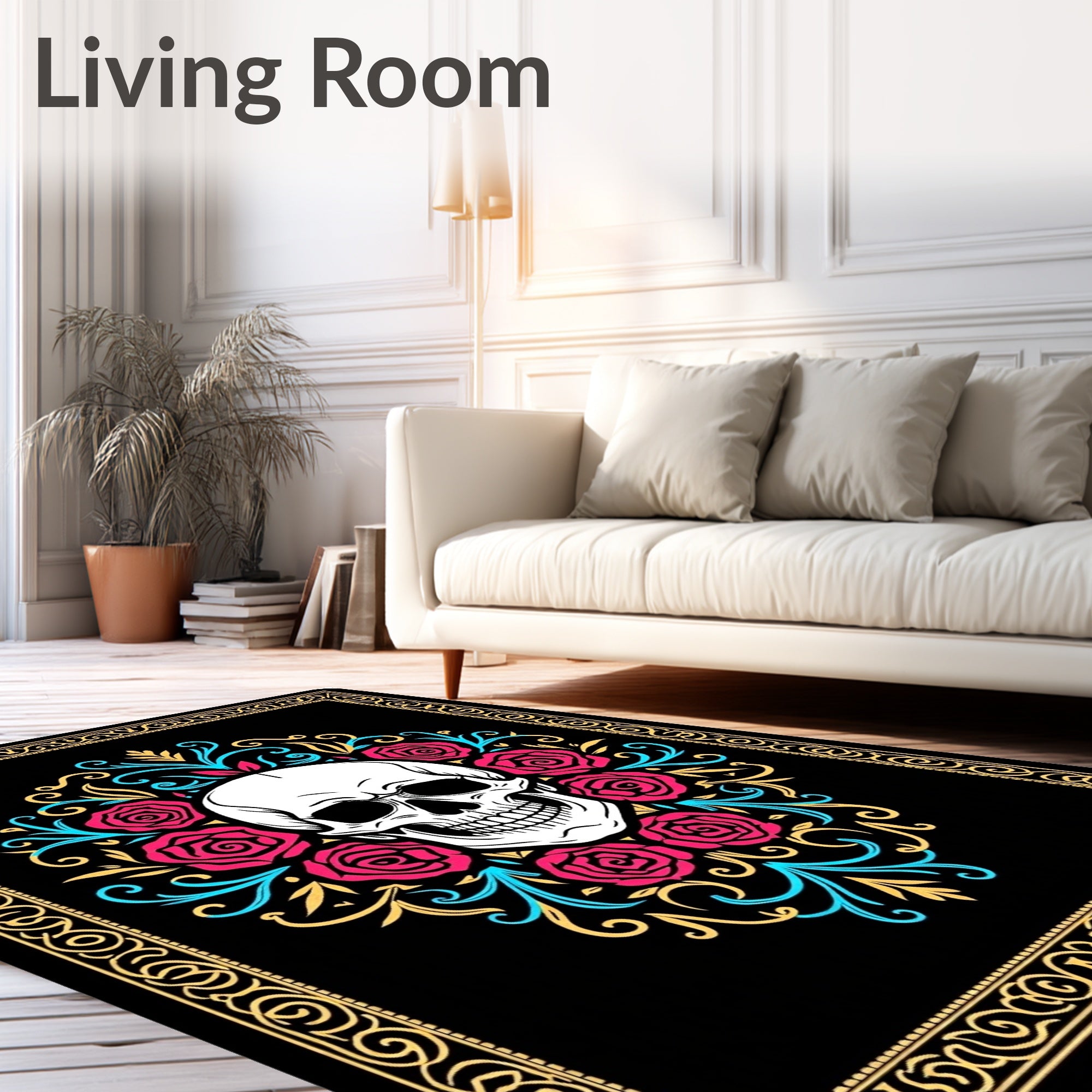 Skull Rose Black Gold Ornament Rug