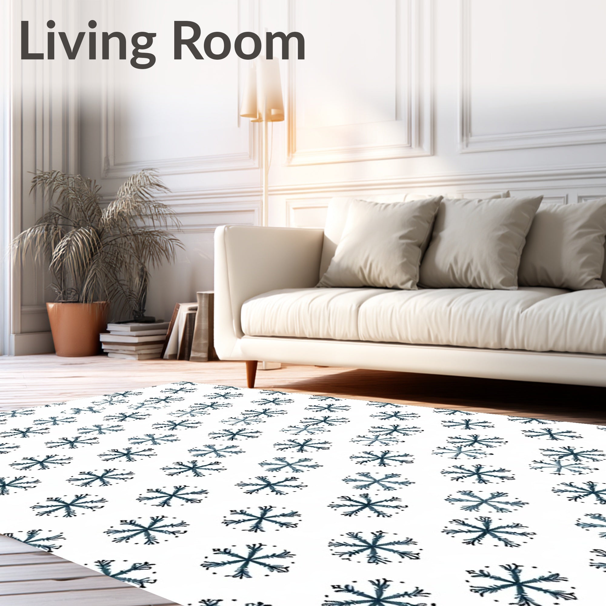 White Snowflakes Scattered Inky Blue Rug