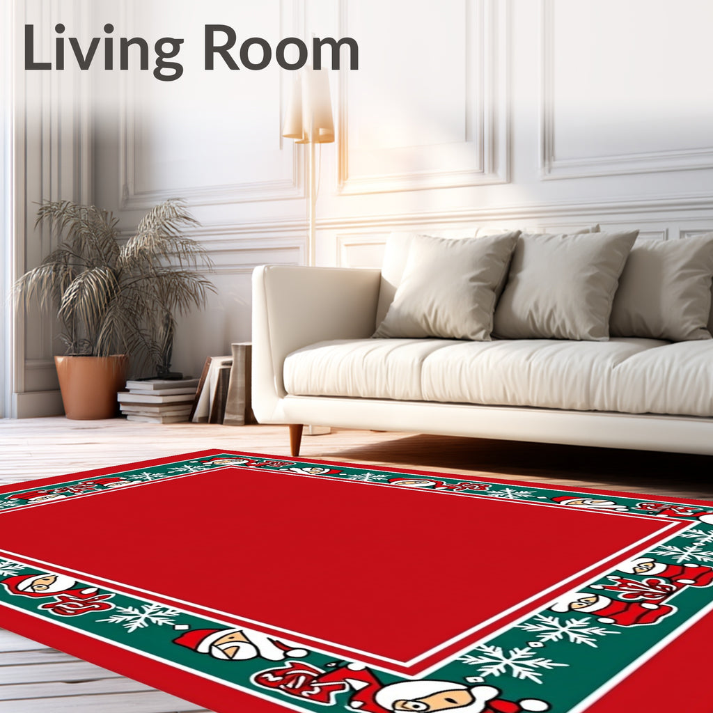 Festive Red Green Santa Snowflakes Border Rug