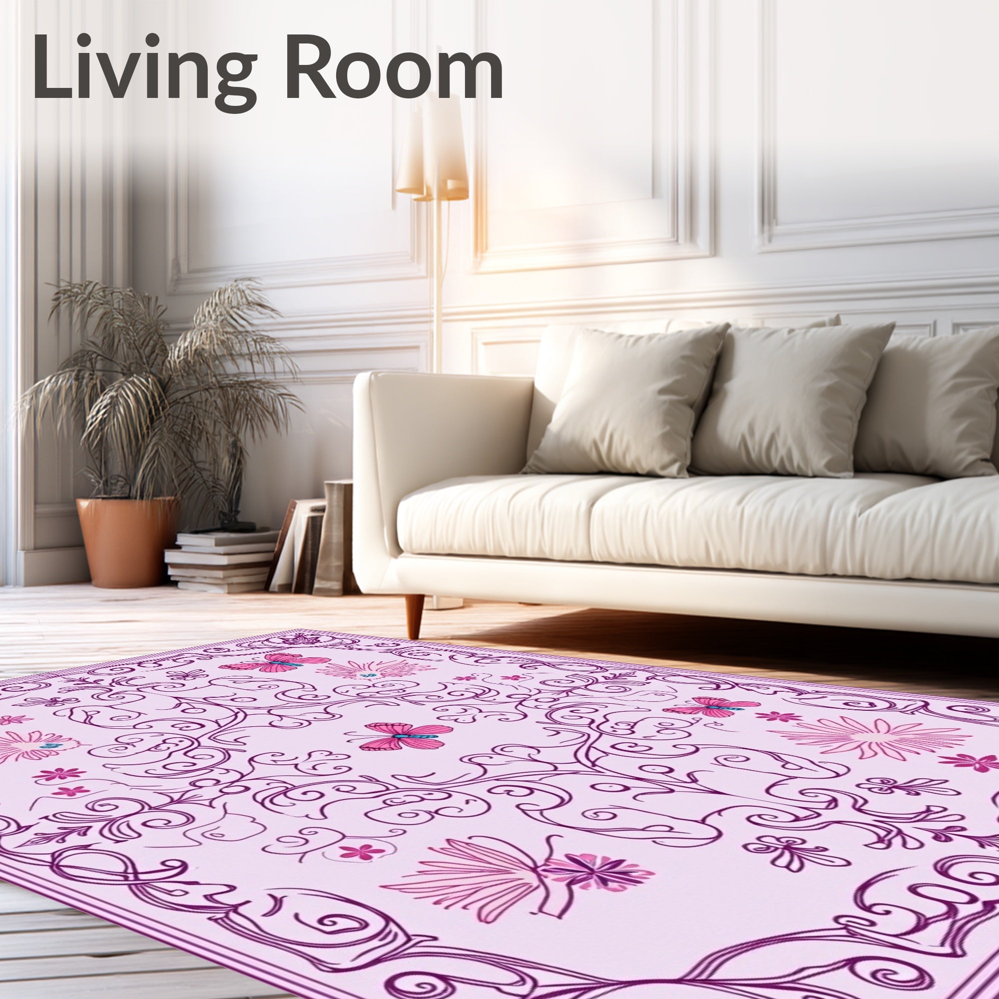 Vibrant Pink Butterfly Floral Swirls Rug