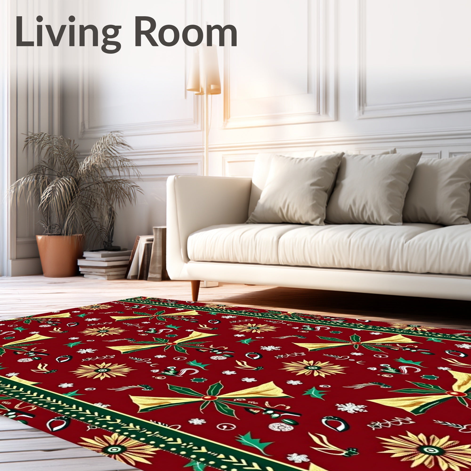 Festive Red Gold Poinsettia Bows Rug