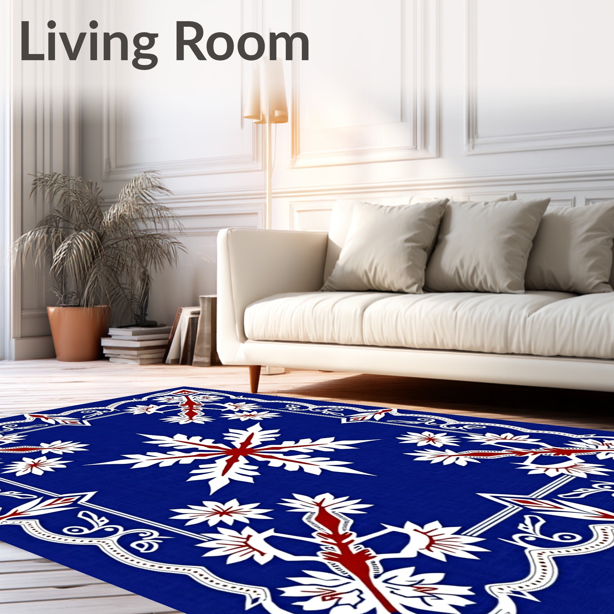 Bold Navy Blue White Floral Star Rug
