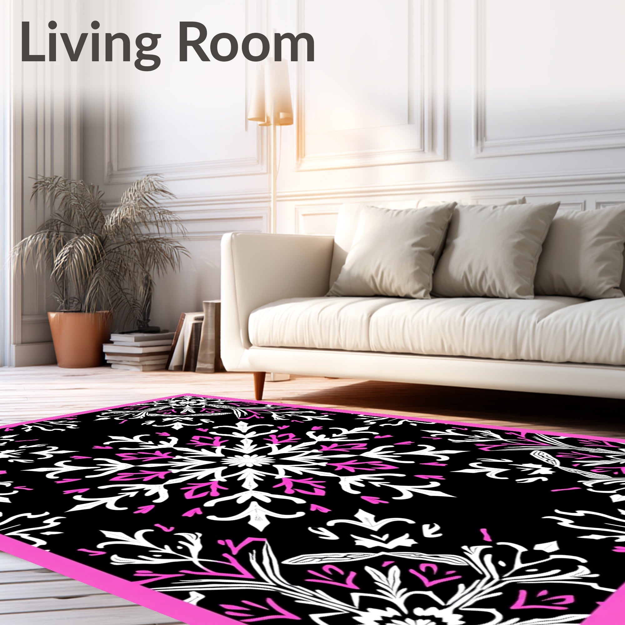 Black White Pink Snowflake Medallion Rug