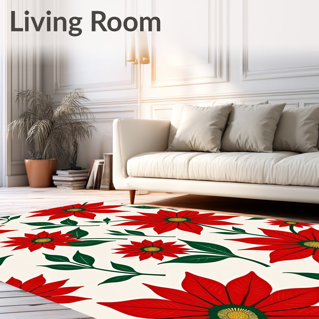 Festive Red Poinsettia Floral Foliage Rug