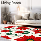 Festive Red Poinsettia Floral Foliage Rug