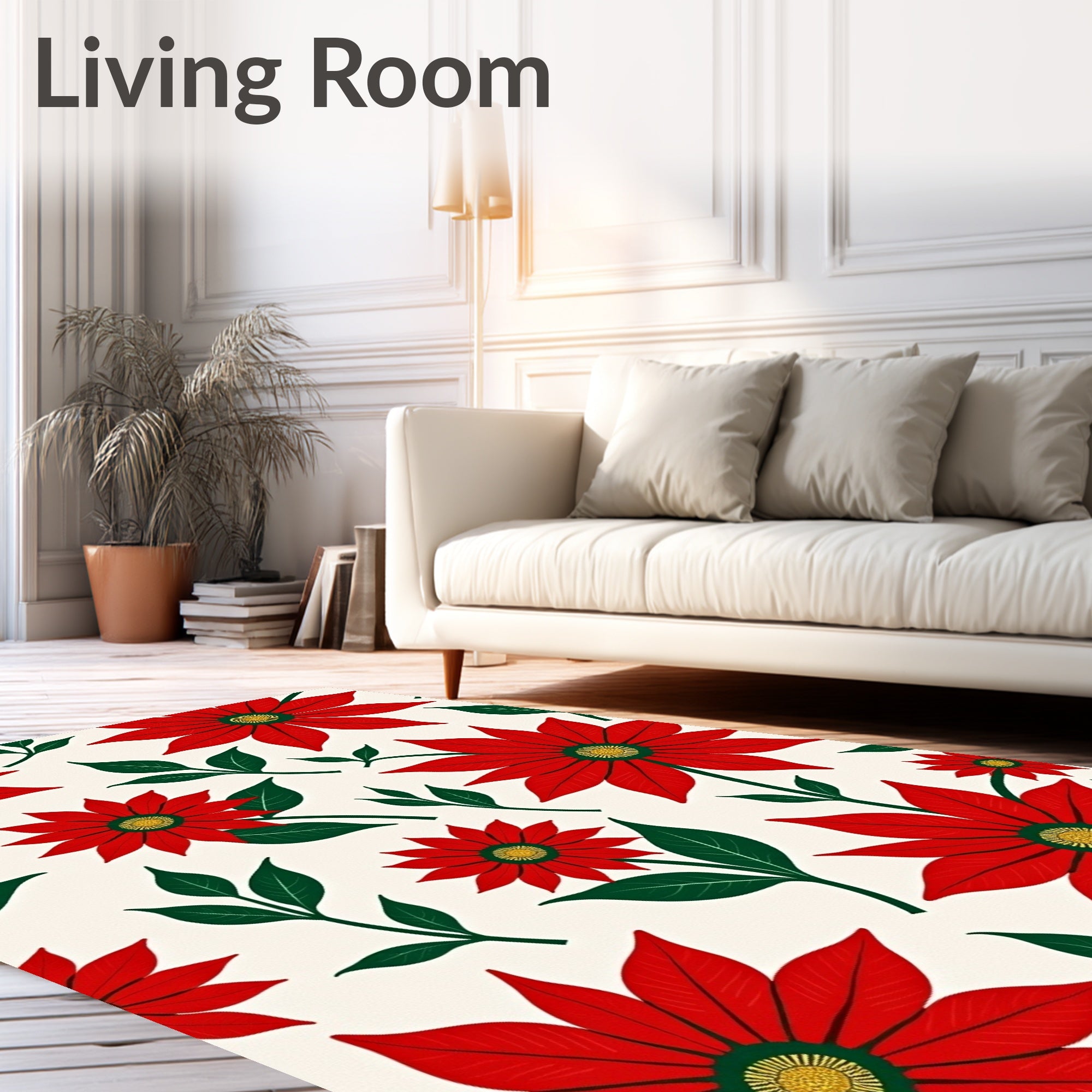 Festive Red Poinsettia Floral Foliage Rug