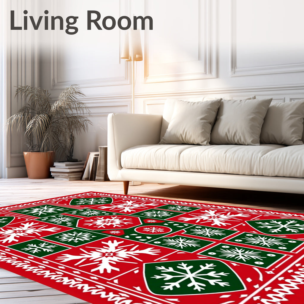 Festive Red Green Snowflake Collage Rug