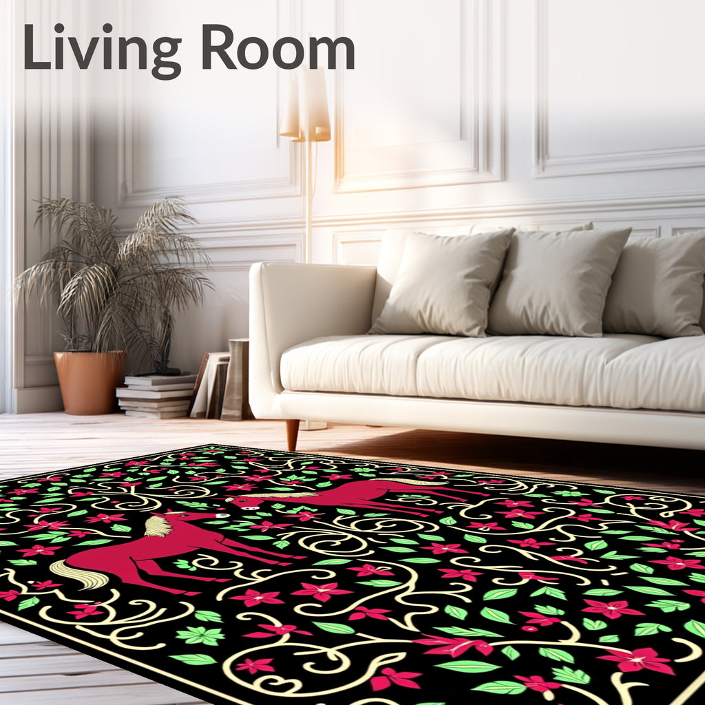 Crimson Unicorn Floral Garden Tapestry Rug