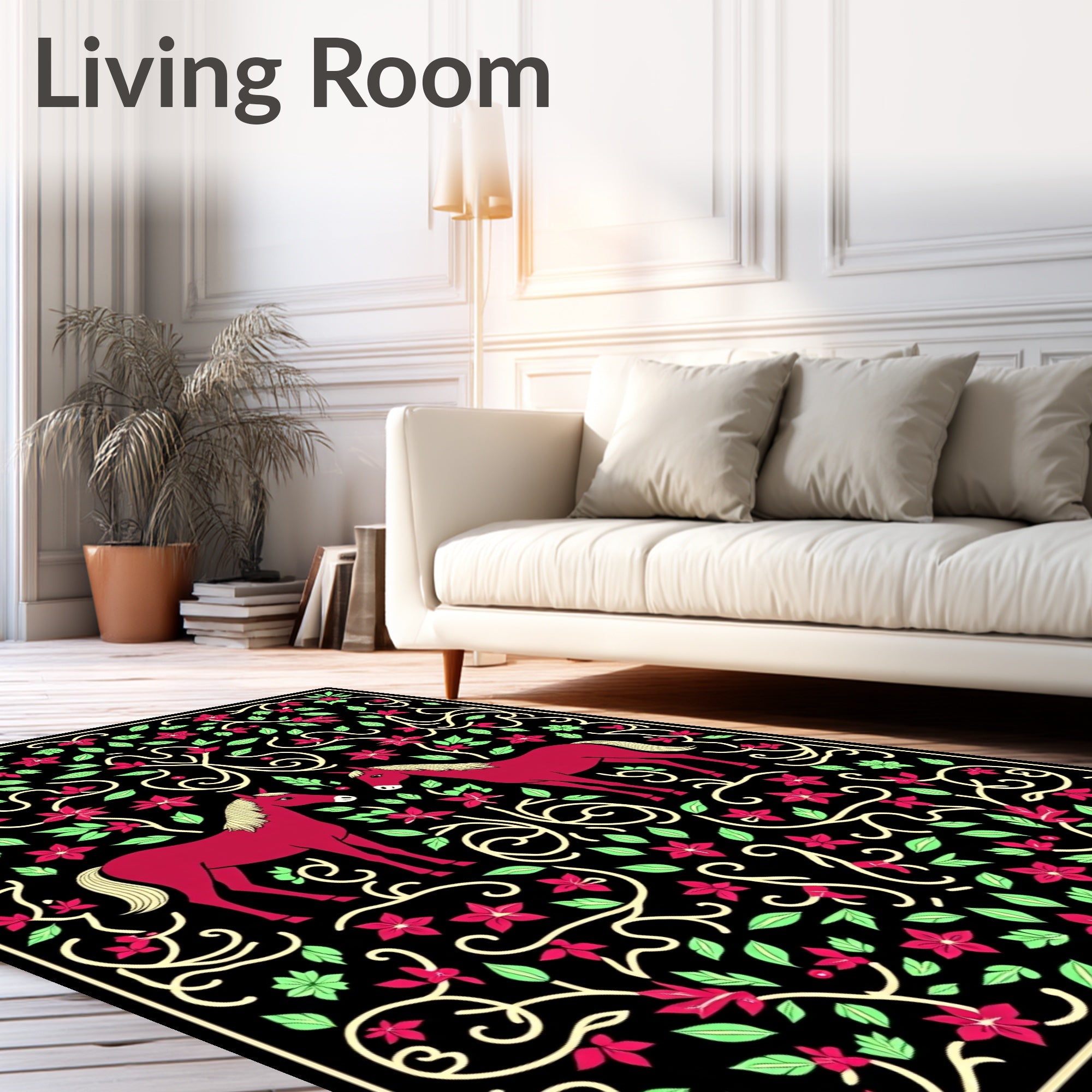 Crimson Unicorn Floral Garden Tapestry Rug