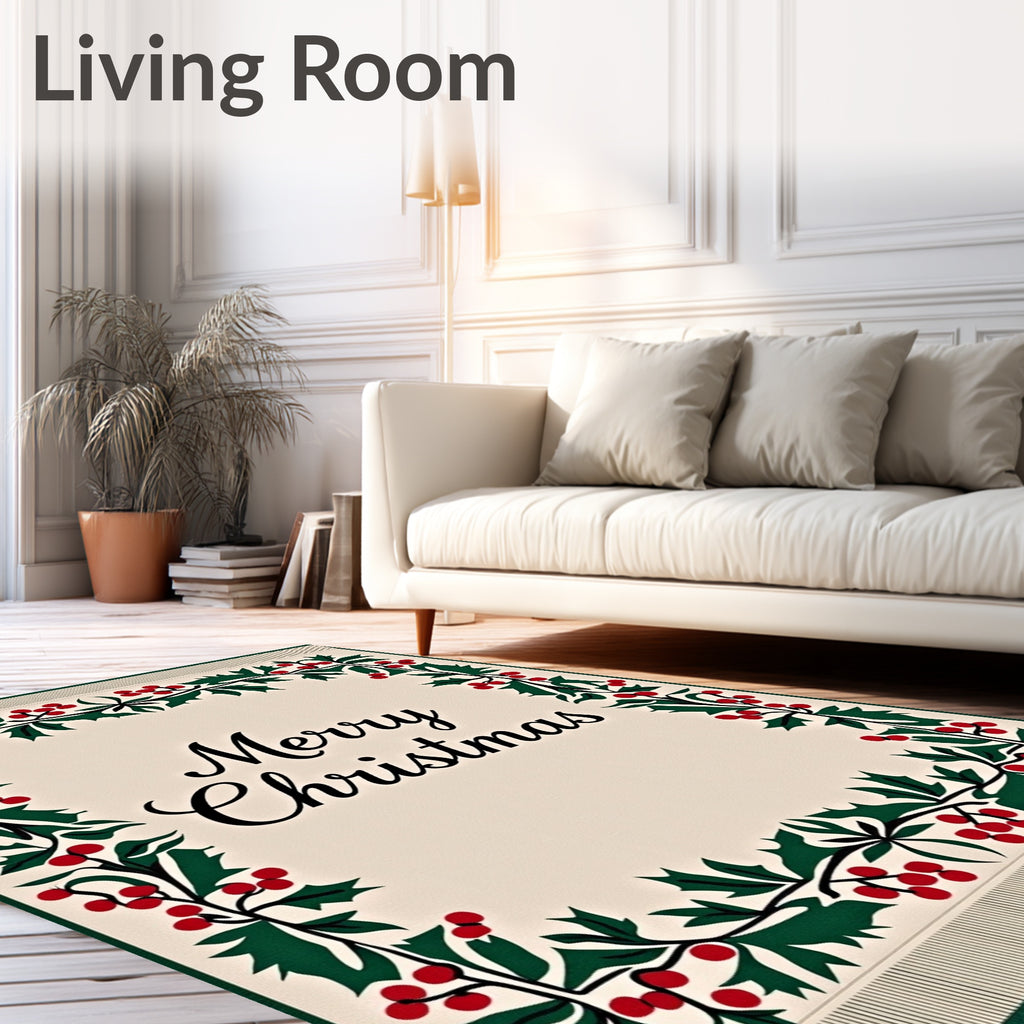 Festive Holly Border Cream Rug