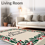 Festive Holly Border Cream Rug