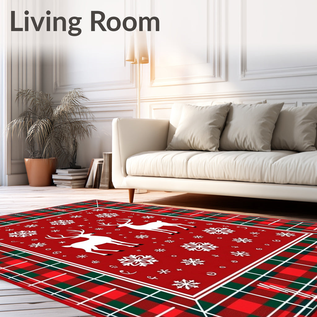 Red Plaid Reindeer Snowflake Collage Rug