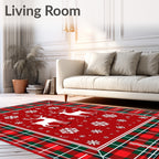 Red Plaid Reindeer Snowflake Collage Rug